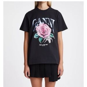 Ganni Black T-Shirt with Pink Rose Design